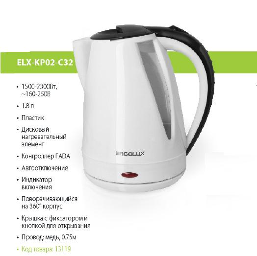 ERGOLUX Чайник пластиковый ELX-KP02-C32 белый/чёрный (1,8л, 160-250В, 1500-2300Вт) 1/12 оптом