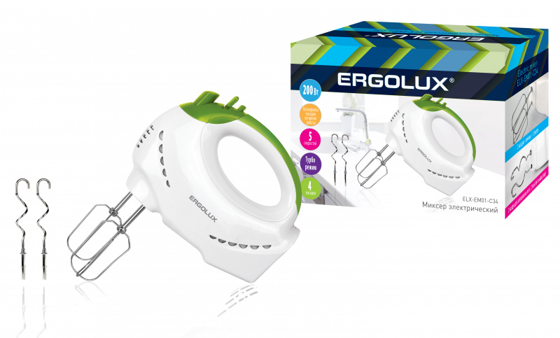ERGOLUX Миксер ручной ELX-EM01-C34 бело-салатовый (200 Вт, 220-240В) оптом